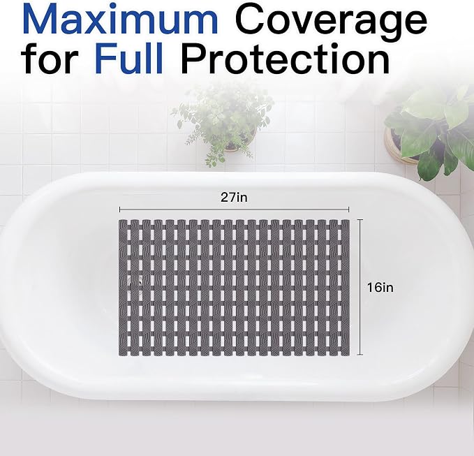 Non Slip Bathtub Mat - Shower Mats for Inside Shower, Rectangular PVC Tub Mat with 200+ Suction Cups for Safety, 27x16 Inch, Dark Gray