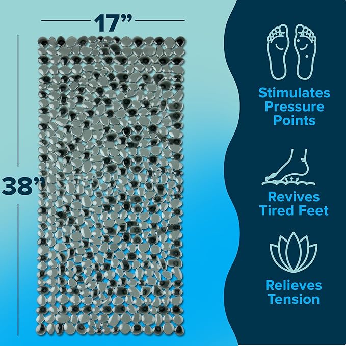 SlipX Solutions Non Slip Pebble Bath Mat for Shower & Bathtub 38x17 | River Rock Look | Accupressure | Massage Bath Mats for Tub | 188 Suction Cups | Machine Washable, Dark Gray Pebbles