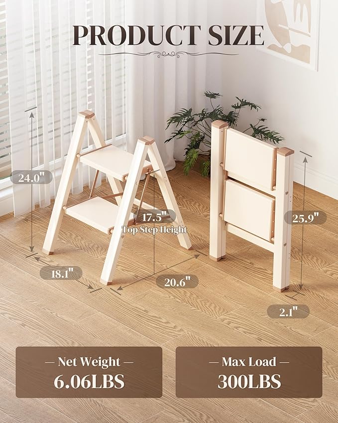 2 Step Ladder, Folding Step Stool with Wider Pedal, Anti-Slip Feet & Non Slip Stripes, Aluminum Sturdy Material, 300Lbs Capacity, Elegant Look of Cream Chocolate Better Matches Your Home