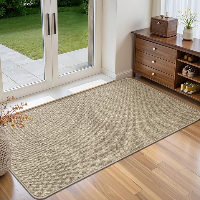 Ultra Thin Door Mat Indoor Entrance 24"x47", Low-Profile Indoor Door Mat, Non Slip Rubber Backing Welcome Entry Mat, Dirt Trapper Entryway Mat Inside Doormat, Khaki