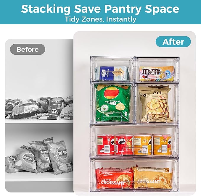 Vtopmart 6 Pack Clear Stackable Storage Drawers,Easy to Assemble Pantry Organizers and Storage with handles,Plastic Drawers for Kitchen Pantry,Cabinet,Under Sink Organization