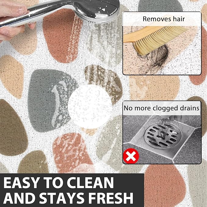 Non Slip Shower Mat: 32x24 Inch Extra Large Shower Mats for Inside Shower with Drain Hole in Middle - Soft PVC Loofah Anti Slip Shower Floor Mat for Standing and Walk-in Shower, Quick Drying