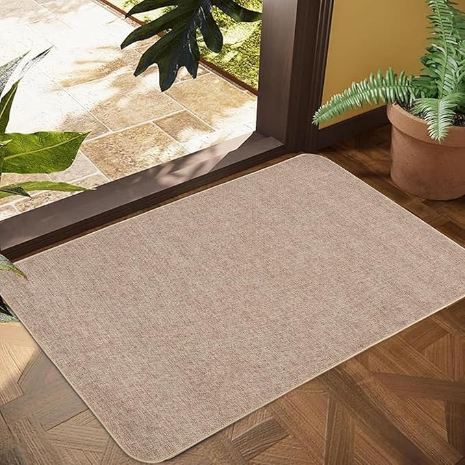 Indoor Door Mat, 1/10 in Ultra Thin Door Mat, Non-Slip Natural Rubber Backing Inside Doormat, Washable, Low-Profile Entrayway Mats, Durable Dirt Trapper for Various Entrance, 35''X28'', Khaki