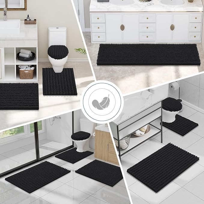 Smiry Bathroom Toilet Rugs U Shaped 20x20, Extra Soft Absorbent Non Slip Rubber Backing Chenille Contour Bath Rugs for Toilet, Machine Washable Contoured Bath Mats, Black