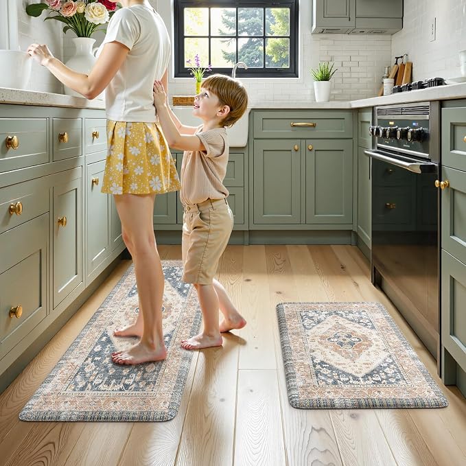 KIMODE Kitchen Rugs and Mats 2PCS Cushioned Anti Fatigue Kitchen Mat Non Slip Paded Kitchen Runner Rug Boho Vintage Mats Blue Gold Rugs for Kitchen Floor, Home Decor, Office, Laundry, Desk, Bathroom