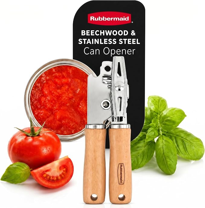 Rubbermaid Heavy Duty Can Opener Manual, Hand-Held Can Opener with Stainless Steel Cutting Wheel - Jar Opener | Solid Beechwood Handles, Kitchen Appliances | Beechwood & Stainless Steel Collection