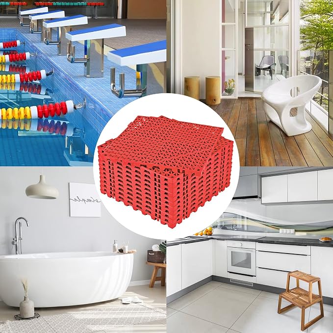 ToLanbbt Modular Interlocking Cushion 12P 11.8" x 11.8" Interlocking Rubber Floor Drain Holes Non-Slip Splicing Drainage Mats for Deck, Shower, Kitchen, Drain Pool, Sauna Bath, Indoor Outdoor (Red)