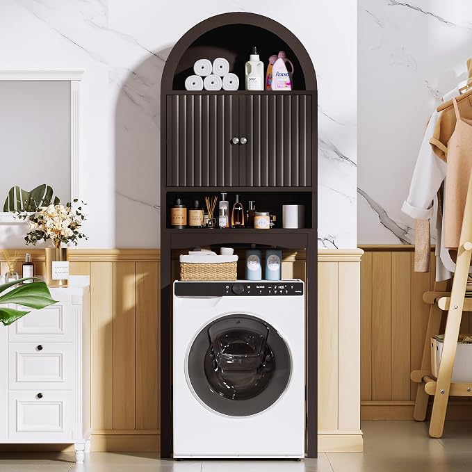 Spurgehom Over The Toilet Storage Cabinet, Bathroom Shelf Organizer Freestanding, Bathroom Arch Cabinet Over Toilet with Fluted Door and Anti-Tipping Device, Coffee