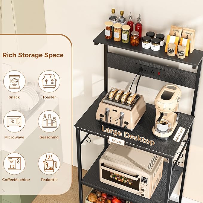 VUSIGN Kitchen Bakers Rack with Power Outlet, 4 Tiers Microwave Stand with Storage, 23.6 Inch Coffee Bar Station with 6 S Hooks, Adjustable Shelf Rack for Pots/Pans/Spices, Black
