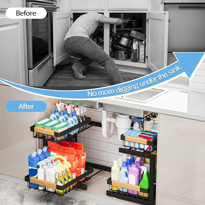ADBIU Under Sink Organizer(10 Seconds Installation), 2 Packs 2 Tier Expandable Height (11"" - 16"") Under-Sink Organizers Slide out Pull out Organizer Shelf, Black