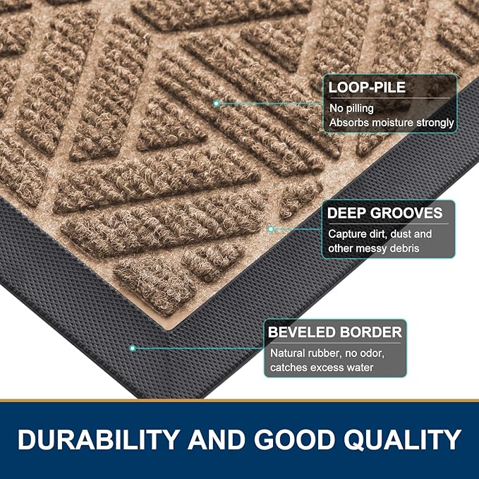 Smiry Front Door Mat Outside Entrance, Heavy Duty Sturdy Natural Rubber Doormat, Trap Dirt and Moisture, Easy Clean Low Profile Mats for Indoor Outdoor Entry, Grid Geometric (47x32, Coffee)