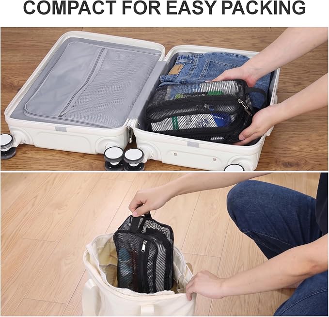 F-color Mesh Shower Caddy Portable with Zipper - 2 Pockets Small Shower Bag Tote for Camping, Gym, Travel, Toiletry, Quick Dry Bathroom Essentials with S Hook, Black