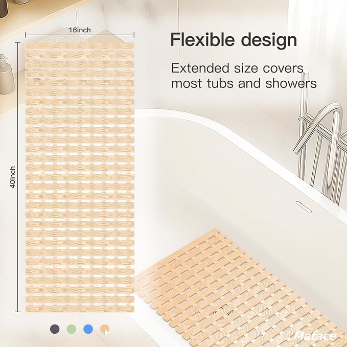 Bathtub Mat Non Slip - for Inside Bath Tub & Shower, Large 40x16 Inch, 261 Strong Suction Cups, Soft Textured Surface, Fast Drain & Quick Dry, Bathroom Safety Mat, Beige, Matace
