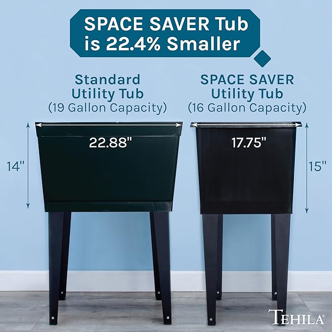 Black Space Saver Utility Sink by JS Jackson Supplies, Freestanding Tehila Space Saving Laundry Tub, Black Pull-Down Faucet, Soap Dispenser