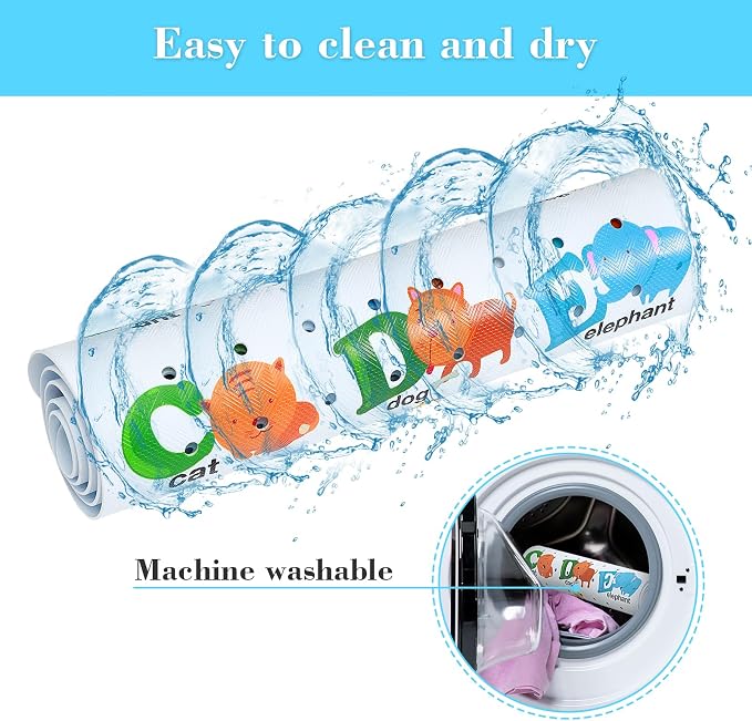 Secopad Bath Mat for Tub Non Slip, Machine Washable Anti-Slip Cartoon Baby Bathtub Shower Mat with Drain Holes and Suction Cups for Toddler & Kids (40 Inch x 16 Inch-Rectangular, Alphabet and Animals)