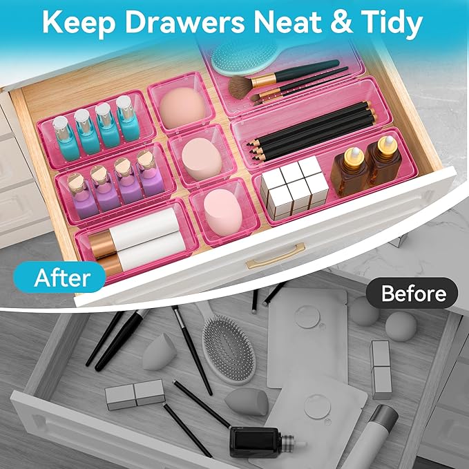 ElegantArray 12 PCS Drawer Organizer Set, 4 Sizes Tool Storage Trays, Clear Plastic Makeup Vanity Organizer and Storage Bins for Stationeries, Multiple Gadgets for Office, Bedroom, Pink