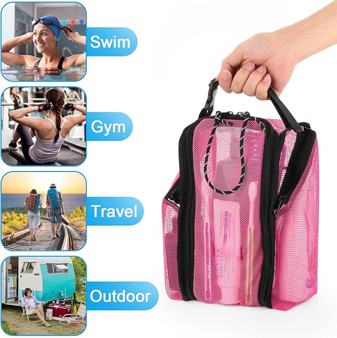 Cosmos Mesh Shower Caddy Toiletry Organizer Hanging Shower Tote Bag, Quick Dry Shower Organizer Portable Bath Bag with Durable Zippers & Side Pockets for Travel Gym Swimming Beach & Camp (Hot Pink)