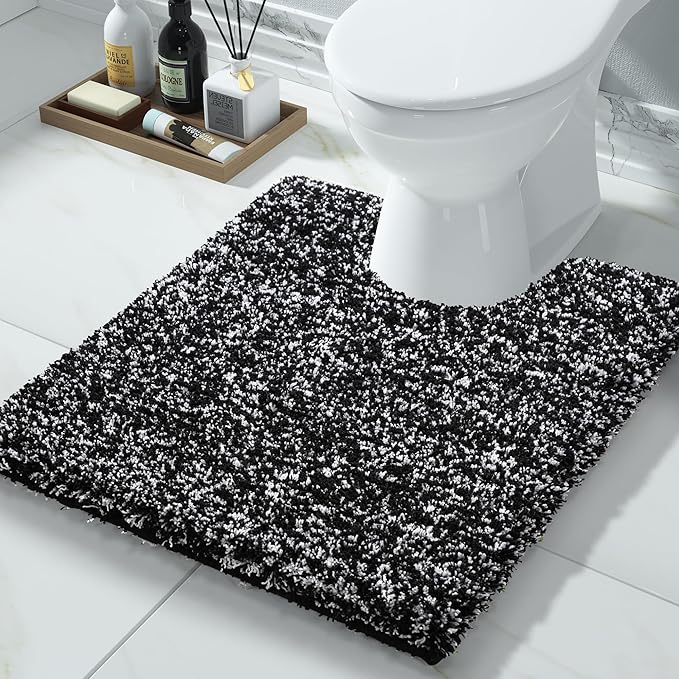 Yimobra Toilet Rugs U Shaped Washable 24X20, Ultra Soft and Water Absorbent Bath Mats, Non Slip Fluffy Shaggy Luxury Microfiber Contour Bath Rugs for Toilet, Dry Quick, Black and White
