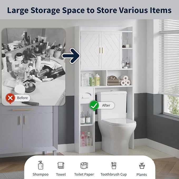 VECELO Over The Toilet Storage Cabinet, Storage Cabinet Over Toilet with Adjustable Shelves & Toilet Paper Holder Stand, Home Space-Saving Toilet Storage, for Bathroom, Restroom, Laundry, White