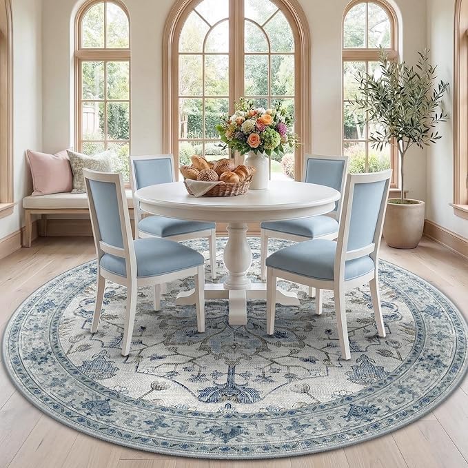 RELEANY Area Rugs Round 7ft Washable Non-Slip, Floral Vintage Distress Medallion Carpet for Living Room Bedroom Dining Room, Light Blue Navy Gray White