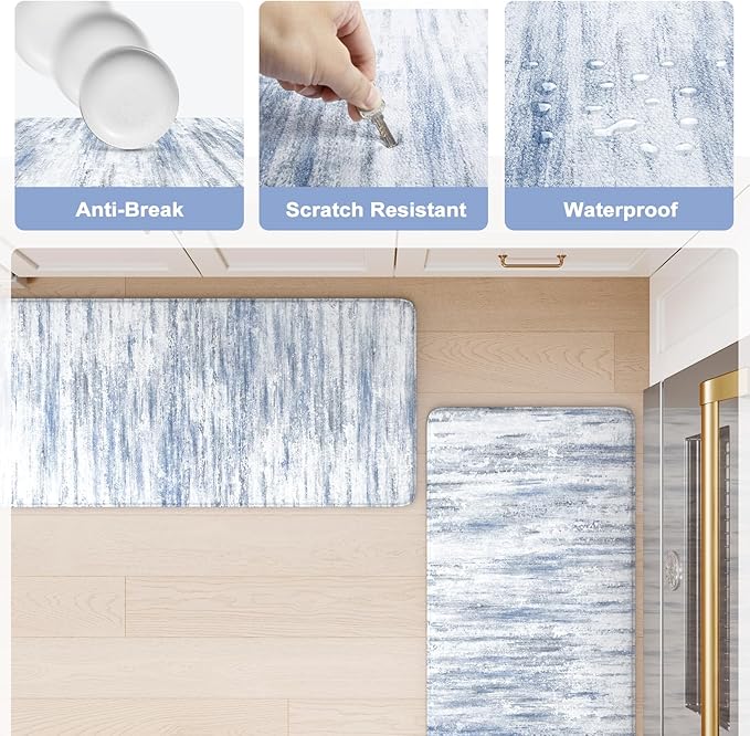 KIMODE Anti Fatigue Kitchen Mats 17"x47"+17"x29", Abstract Kitchen Rugs Sets of 2, Non Slip Kitchen Mats for Floor, Cushioned Comfort Standing Mats for Sink, Laundry, Office, Desk Multi-Blue