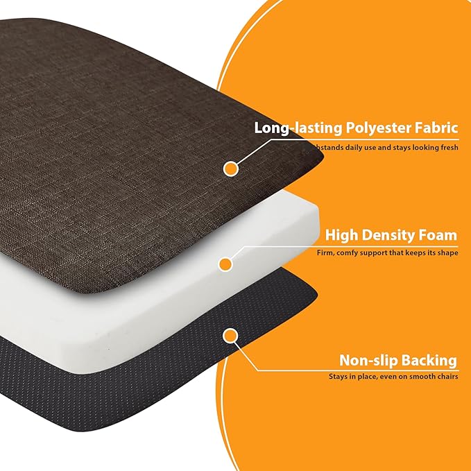 Ruqmuis Chair Cushions for Dining Chairs, 2" Thick Seat Cushions for Kitchen Chairs, D-Shaped Chair Pads with Washable Cover, Ties and Non Slip Backing, 17'' x 16'', Set of 6, Brown