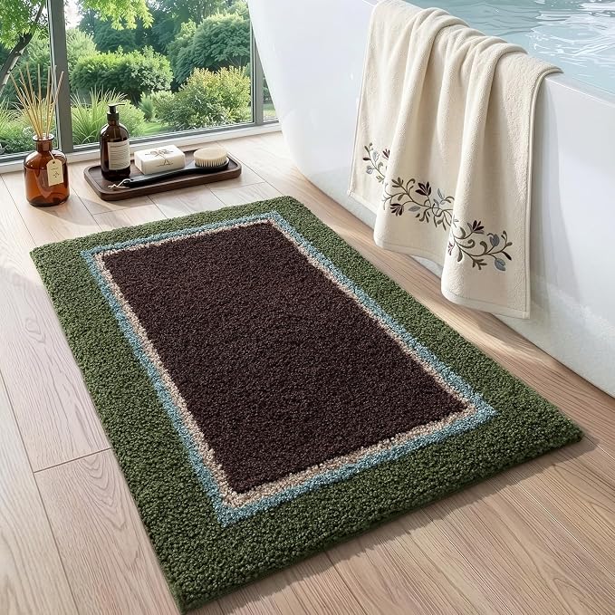 DEXI Bathroom Rugs 24x16, Absorbent Extra Soft Plush Microfiber Bath Mat for Bathroom, Non Slip Washable Bathmat Quick Dry for Shower Floor, Sink, Tub, Laundry Room, Green and Brown