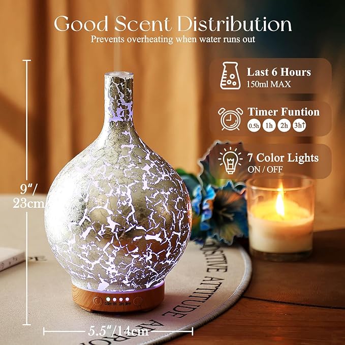 Porseme Silver Plated Essential Oil Diffuser Glass Aromatherapy Ultrasonic Humidifier Cool Mist, Auto Shut-Off,Timer Setting, BPA Free for Home Hotel Yoga Leisure SPA Office Premium Gift 150ml