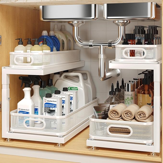 2-Pack 18.5 IN Depth Under Sink Organizer With Next-Gen Ball-Bearing Slides,Sophisticated Mesh 2-Tier Pull Out Shelf for Kitchen & Bathroom,Fits Small Items-White(Patented)