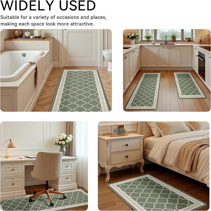 Sage Green Vintage Moroccan Grid Elegance Kitchen Rug Sets [2 PCs], Anti-Fatigue, Waterproof Non-Slip Kitchen Mats Heavy Duty Comfort Foam Rug for Kitchen, Floor, Laundry,17"x29"+17"x47"