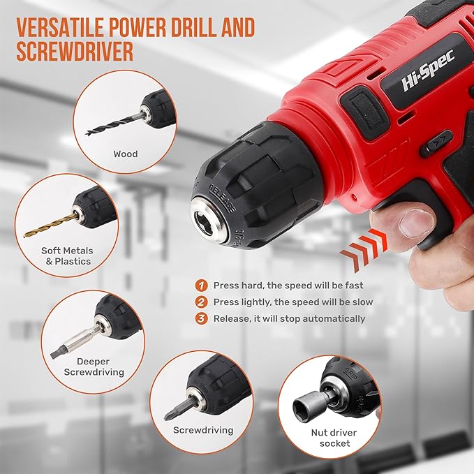 Hi-Spec 8V Cordless Drill Set & Starter Tool Kit – Rechargeable USB Electric Power Drill Driver, Compact Home Tool Set with Accessories, Red, Perfect for DIY Enthusiasts