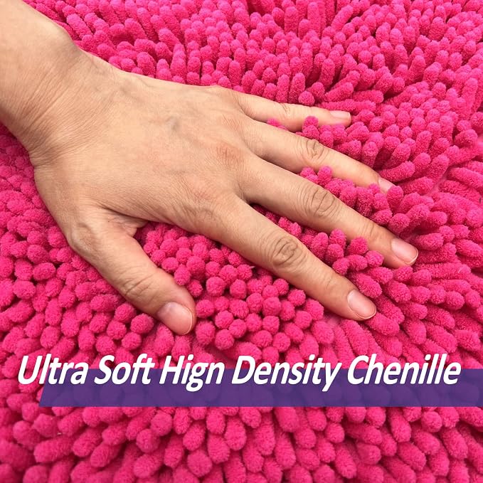 Deep Pink Plush Bath Set - 3 Piece Anti-Slip Mats, Soft Chenille Shaggy Mat for Bathroom, Bedroom & Living Room, Water Absorbent