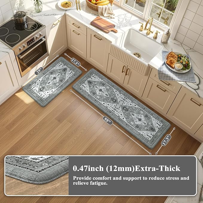 Collive Boho Anti Fatigue Kitchen Mats Sets 2 Piece Non Skid Kitchen Mats for Floor Cushioned Kitchen Rugs and Mats Waterproof Ergonomic Comfort Standing Mat Runner for Kitchen,Home,Office,Laundry