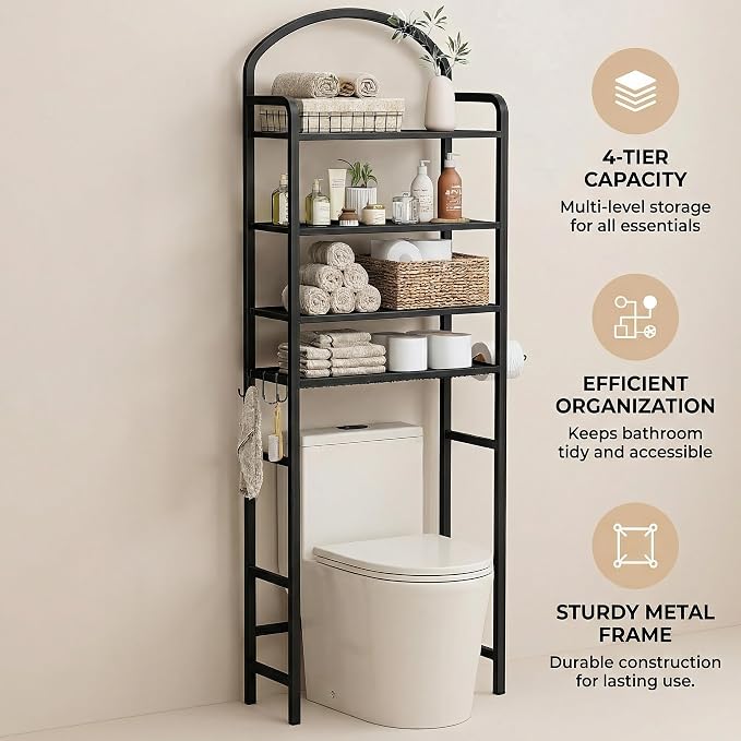 4-Tier Over The Toilet Storage, Bathroom Organizer, Space-Saving, 72" H Above Toilet Storage Rack with 4 Hooks and Paper Holder, Metal Shelf, Black