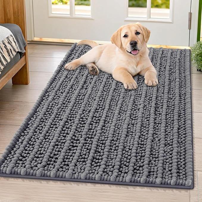 Smiry Dog Door Mat for Muddy Paws 40x32, Absorbent Dirt Trapper, Non-Slip Washable Chenille Entryway Rug for Inside Floor, Dark Grey, Layered Pattern