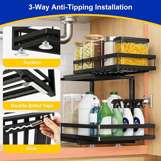 Under Sink Organizer, Dual-Rail Ball-Bearing, Under Kitchen Sink Organizer, 6-Level Adjustable, Under Cabinet Organizer, No-Drill Adhesive/Suction, Under Sink Storage (Black, Double Layer - 1 Pack)