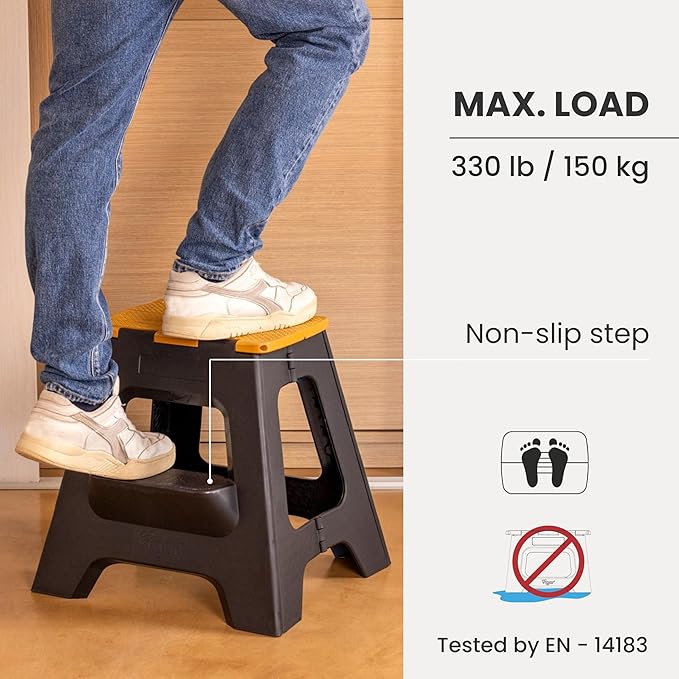 Vigar Compact Folding Step Stool - 16 Inch 2 Step Foldable Step Stool for Adults, Lightweight Portable Stool with Handle, Non Slip Step Stool, Space-Saving Stool up to 330 lb - Black, Bamboo Print Top