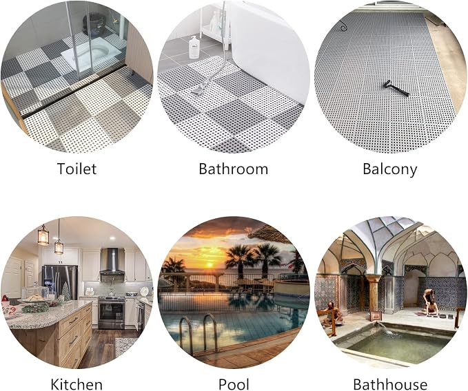 12 Pack 11.8" x 11.8" Interlocking Floor Tiles with Drain Holes Soft PVC Non Slip Shower Floor Mat Modular Interlocking Cushion Mat for Drain, Pool, Patio, Balcony, Kennel, Poultry, Floor Grid, Grey