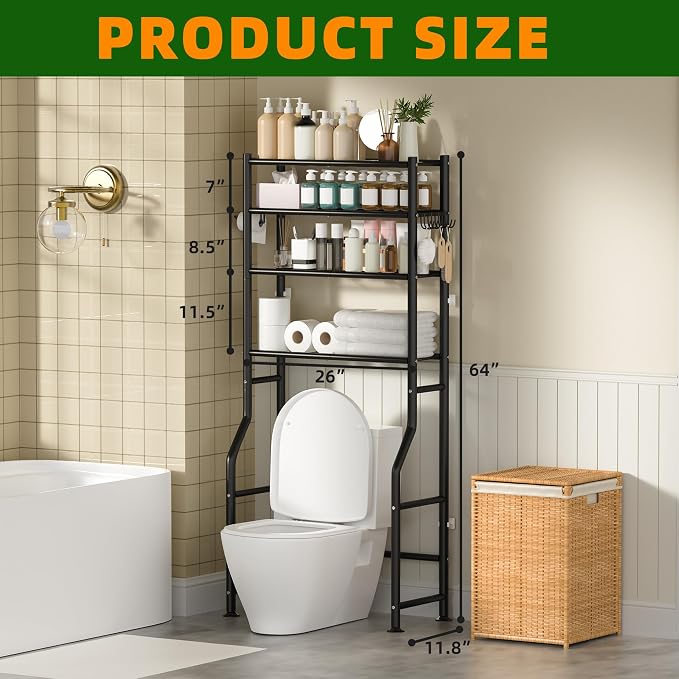 GloTika 4-Tier Over Toilet Storage with Anti-Tilt Safety System - 150lb Total Capacity Metal Bathroom Shelves Including Paper Holder & 4 Hooks, Space Saving Above Commode Organizer (64" H, Black)