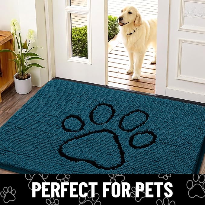 Smiry Dog Door Mat for Muddy Paws, Absorbent Dirt Trapper Non Slip Quick Dry Washable Chenille Mat for Mud Dogs, Entry Rug for Indoor and Outdoor (30x20 Inches, Atlantic Blue and Black)