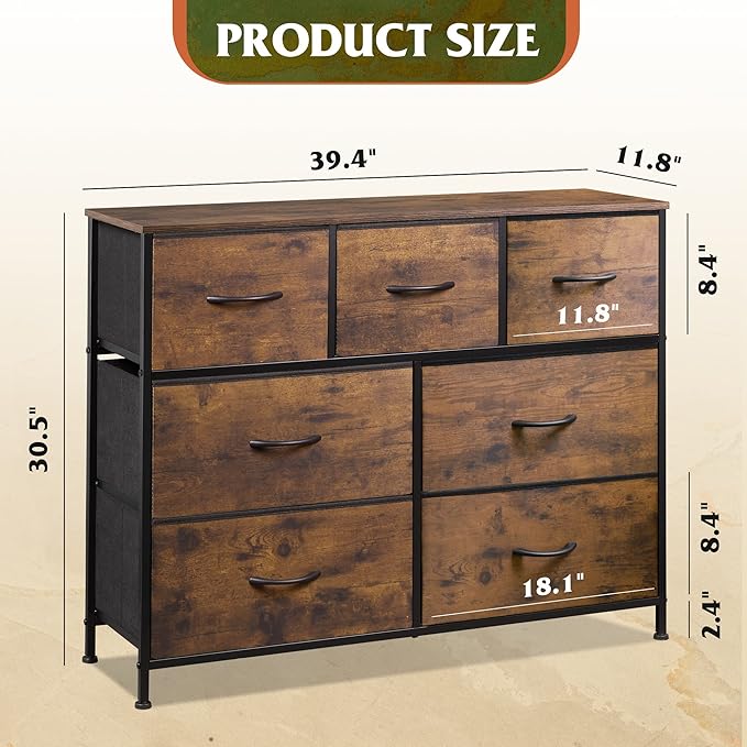 WLIVE 7 Drawer Dresser TV Stand, Entertainment Center, Media Console Table with Metal Frame and Wood Top for TV up to 45 inch, Chest of Drawers for Bedroom, Living Room, Rustic Brown Wood Grain Print