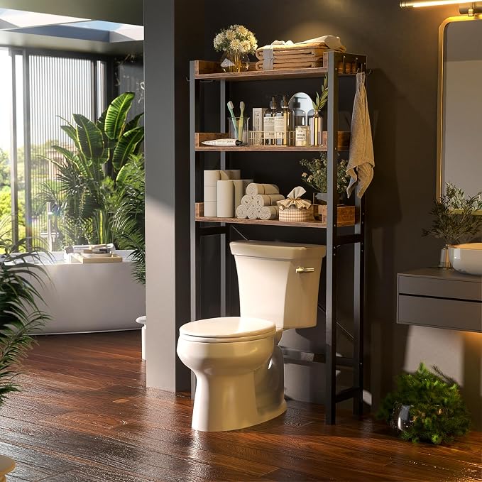 Besiost Over The Toilet Storage Rack - 3 Tier Bathroom Organizer with Shelves, Freestanding Space Saver Storage Rack Above Toilet Stand with 4 Hooks for Restroom, Laundry, Rustic Brown