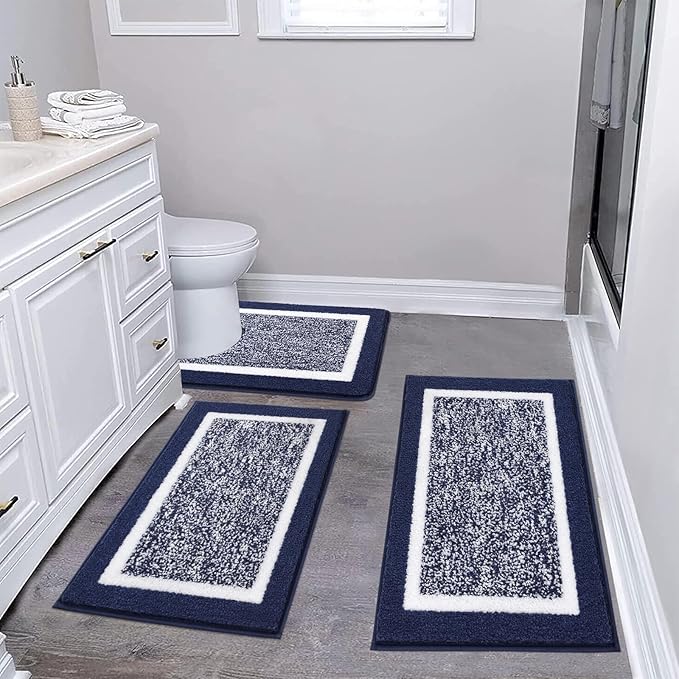 Pauwer Bathroom Rugs Sets 3 Piece Bath Shower Rugs with U-Shaped Contour Toilet Mat Absorbent Microfiber Plush Bath Mats Non Slip Bath Rugs Machine Washable Shaggy Bathroom Floor Mats, Navy