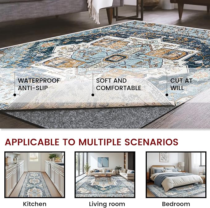 Waterproof Rug Pad, 8x10 ft Area Rug Non-Slip Carpet Pad, 1/4" Thick Non-Slip Rug Pads for All Floors and Finishes, Felt Pad for Hardwood Floors, Keeps Carpets in Place Soft and Safe