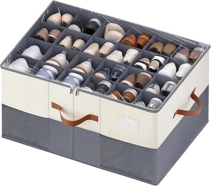 Shoe Organizer for Closet, 1 Pack Shoe Storage Container with Adjustable Dividers, Space Saving Shoe Box Storage Organizer Bin with Clear Lid and 4 Handles, Fits 12-24 Pairs, Beige & Grey