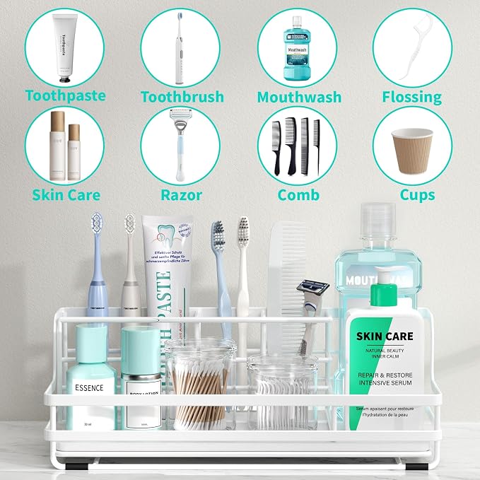 HapiRm Toothbrush Holders for Bathroom - 5 Partitions Bathroom Counter Organizer with Instant Drying Stone, Stainless Steel Countertop Storage Electric Toothbrush Toothpaste Holder - White(Large)