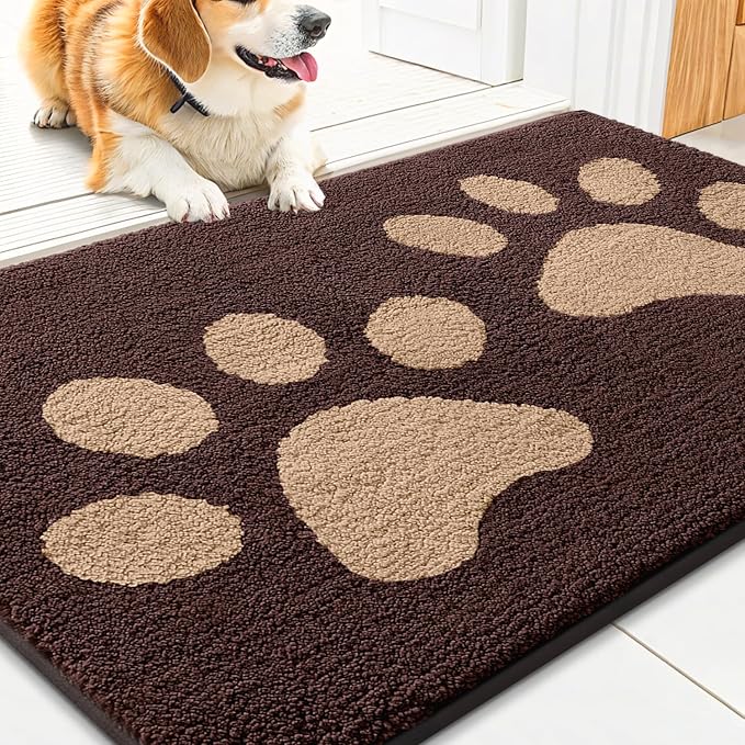 Smiry Dog Door Mat for Muddy Paws, Absorbs Moisture and Dirt, Low-Profile Entryway Mat with Non-Slip Backing, Entry Indoor Outdoor Doormat for Inside Floor (30x20 Inches, Brown, Paw)