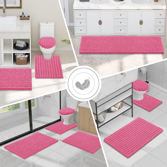 Smiry Bathroom Toilet Rugs U Shaped 24x20, Extra Soft Absorbent Non Slip Rubber Backing Chenille Contour Bath Rugs for Toilet, Machine Washable Contoured Bath Mats, Hot Pink