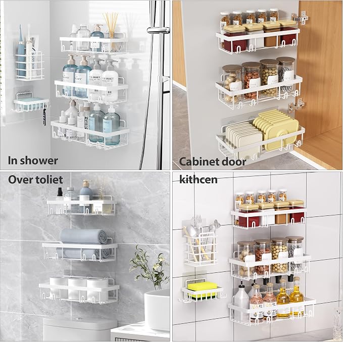 Liuoud 10 Pack Shower Caddy Organizer Rack Shelf for Inside Shower, Self Adhesive Wall Storage Basket Rustproof Stainless Steel Shampoo Holder Bathroom Accessory Decor Set, White