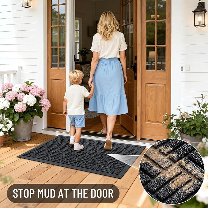 OLANLY Front Door Mat Outside Entrance 71x23, Absorbent, Heavy Duty Sturdy Natural Rubber Doormat Indoor Outdoor, Stain and Fade Resistant, Non-Slip Backing Low Profile Floor Mat for Entryway, Black